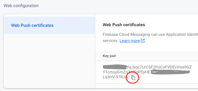 A cropped screenshot of the Web Push Certificates component of Web configuration page that highlights the key pair