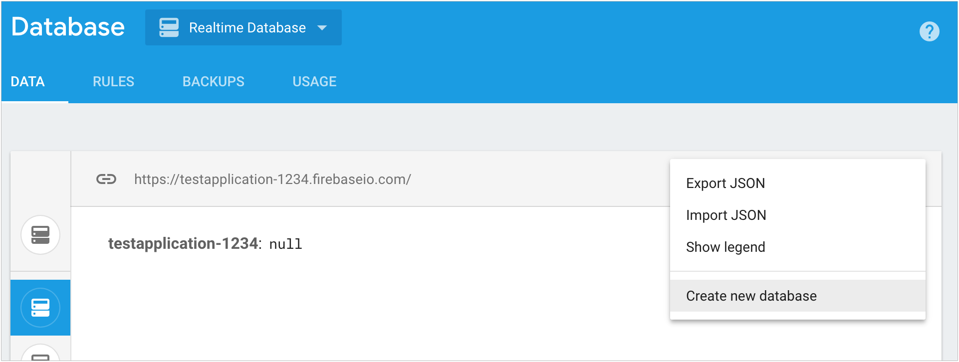 crear una base de datos en Firebase console con el menú contextual en la sección de bases de datos
