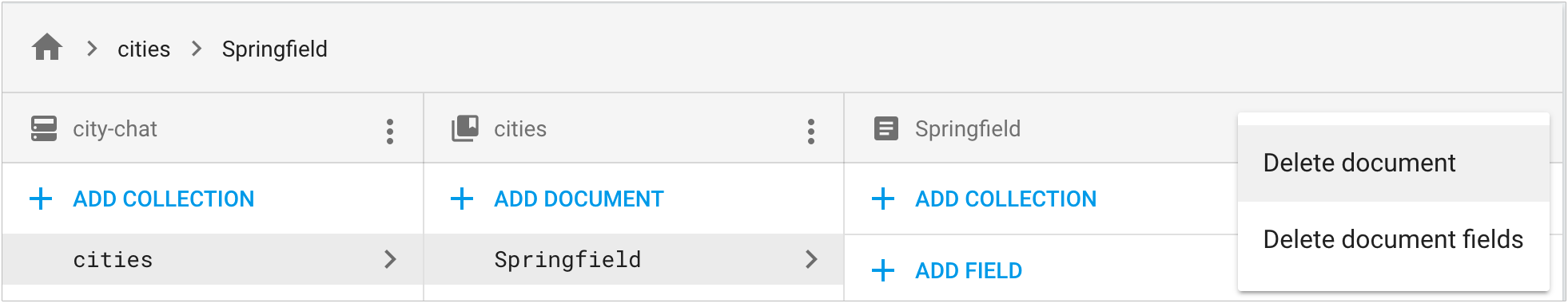 Im Kontextmenü der Dokumentdetailspalte auf &quot;Delete document&quot; (Dokument löschen) oder &quot;Delete document fields&quot; (Dokumentfelder löschen) klicken