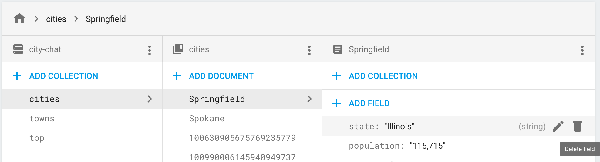 Click the delete icon to remove a field from a document