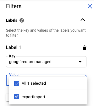 Greifen Sie über das Filtermenü auf das Label „goog-firestoremanaged“ zu.