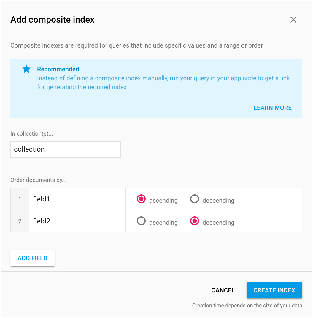 Изображение интерфейса индексирования Firestore в консоли FireBase