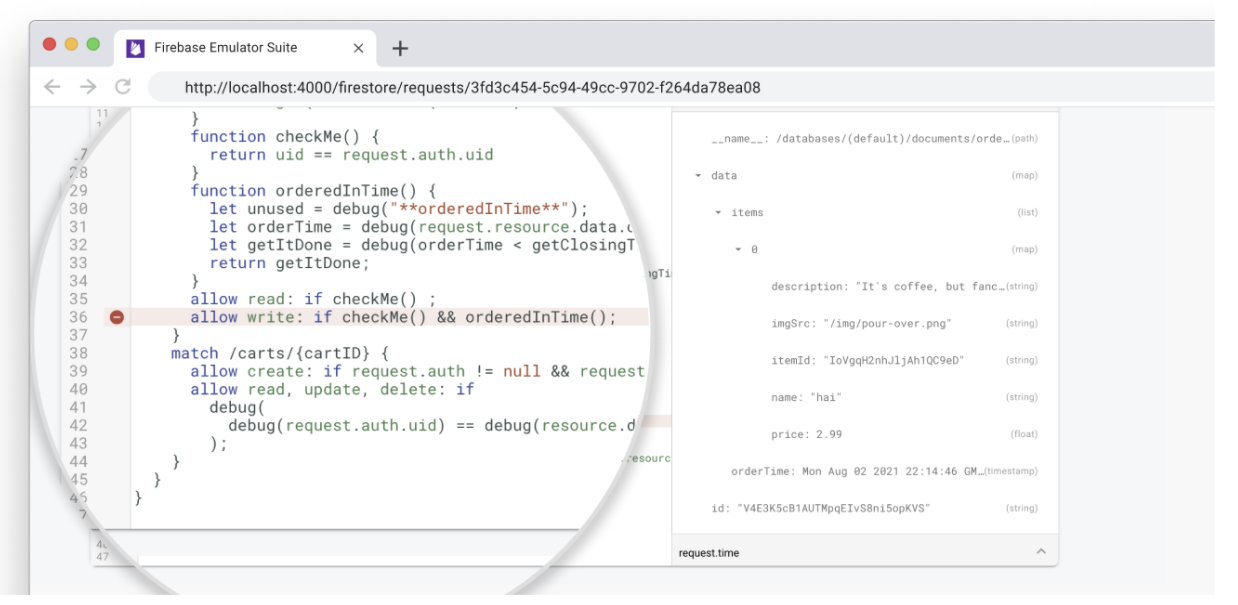 Firestore Emulator Requests Monitor showing Security Rules evaluations