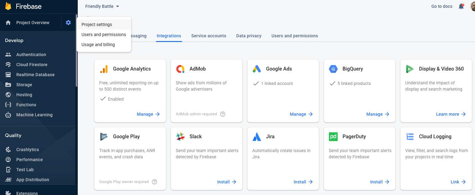 หน้าจอการผสานรวมในคอนโซล Firebase