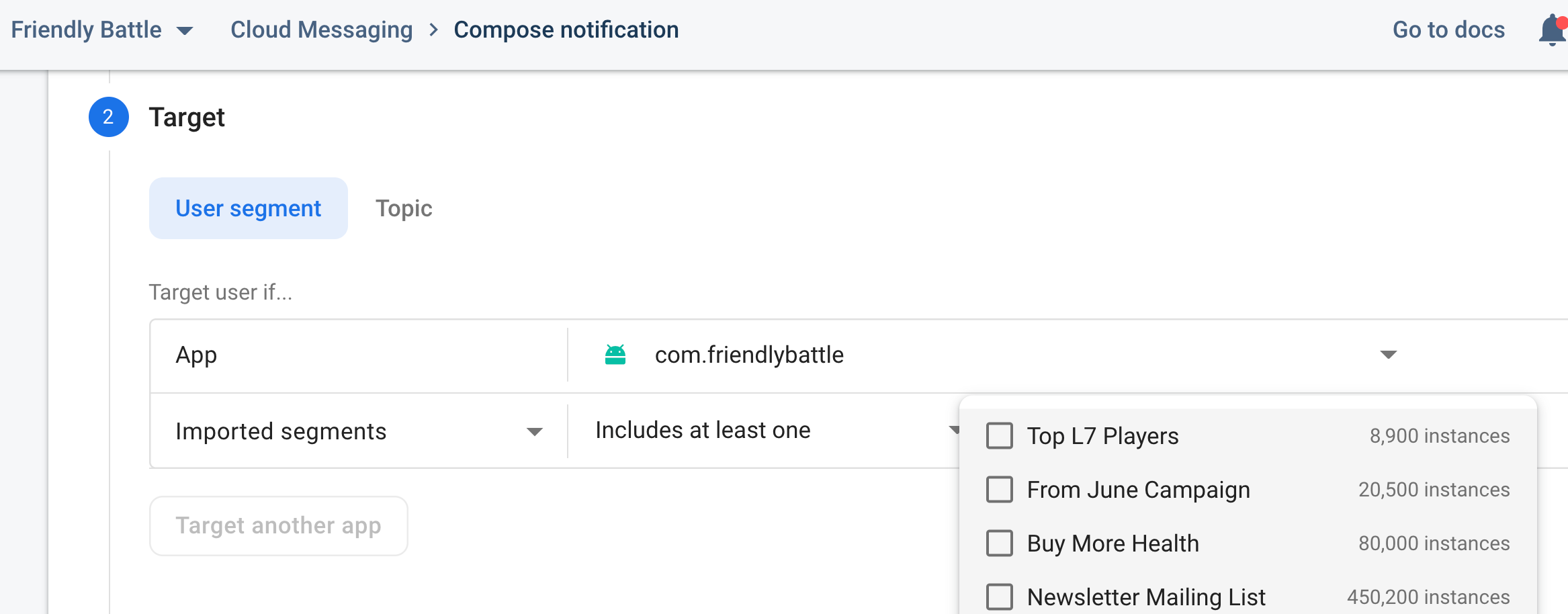 Contoh penggunaan segmen yang diimpor dengan notifications composer