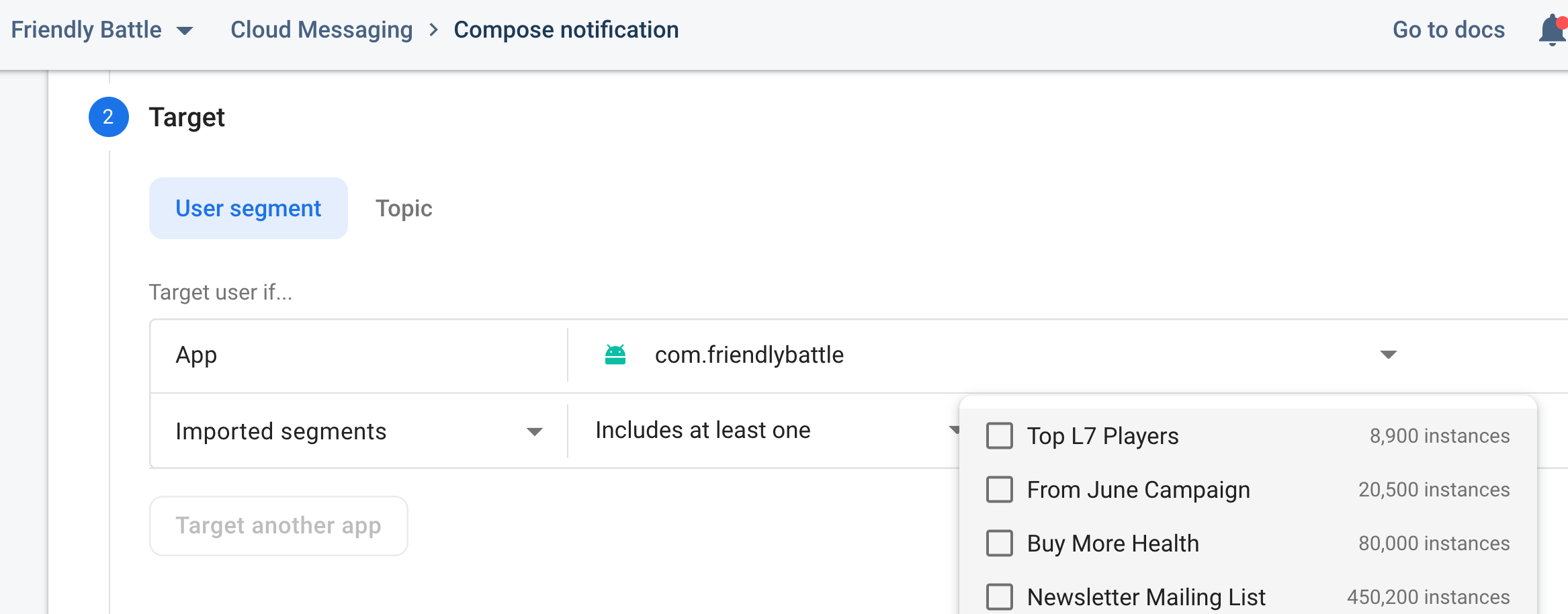 Ejemplo de cómo usar segmentos importados con el Compositor de Notifications