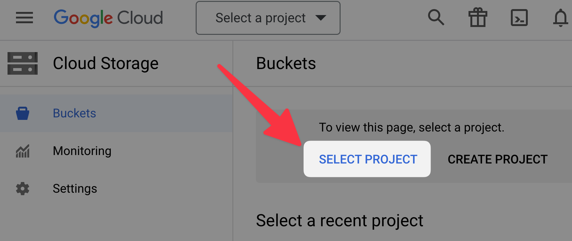 Project picker in Google Cloud