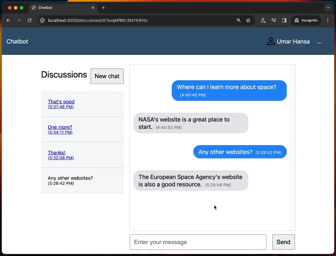 The chatbot interface, which uses an LLM
