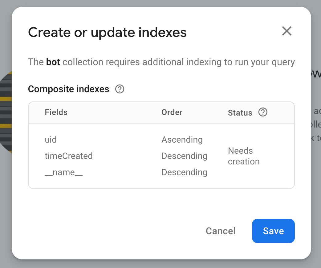 Creating a index in the Firebase console
