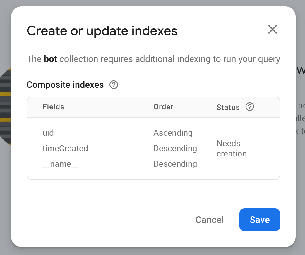 Creación de un índice en la consola Firebase