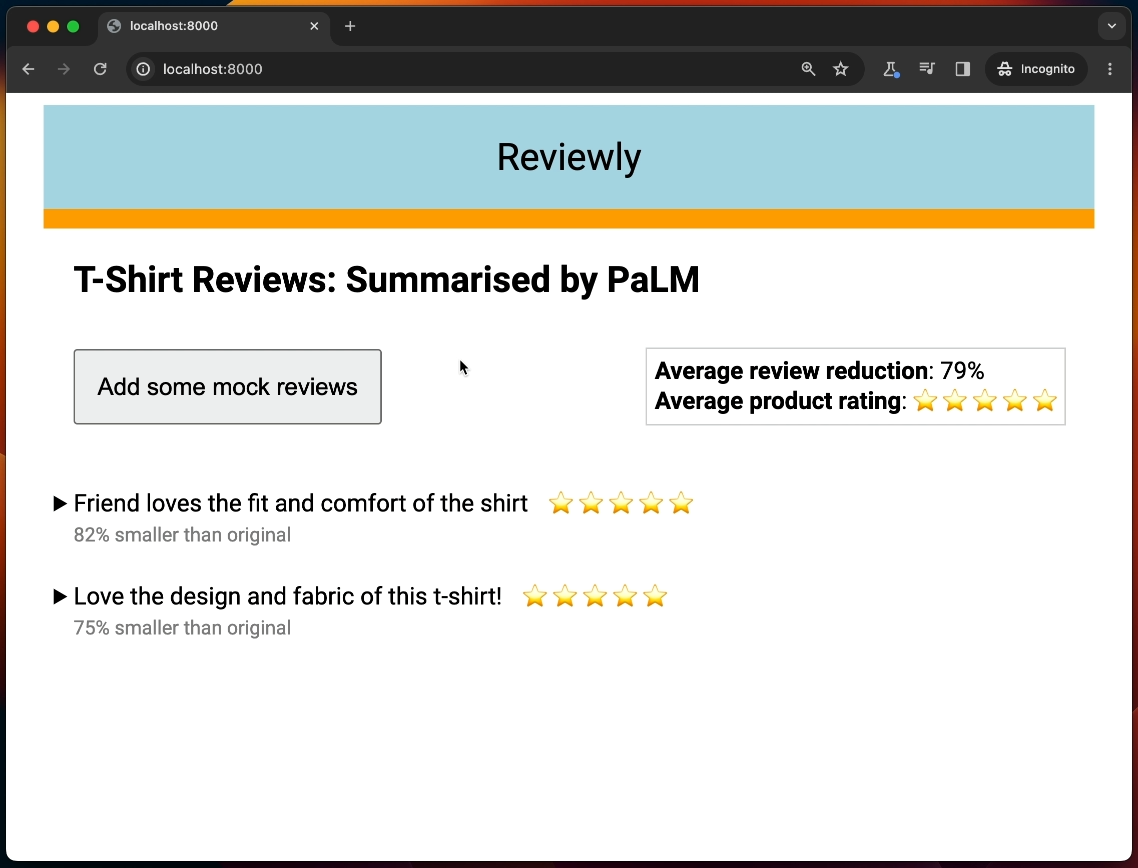 Reviewly ऐप्लिकेशन में, टी-शर्ट के लिए खरीदारों की समीक्षाओं और उनसे जुड़ी स्टार रेटिंग की खास जानकारी दी गई है