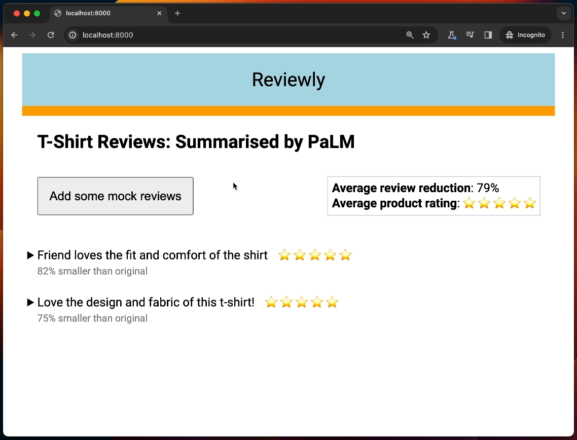 Kilka podsumowanych recenzji klientów i powiązanych z nimi ocen w postaci gwiazdek dla koszulki w aplikacji Reviewly