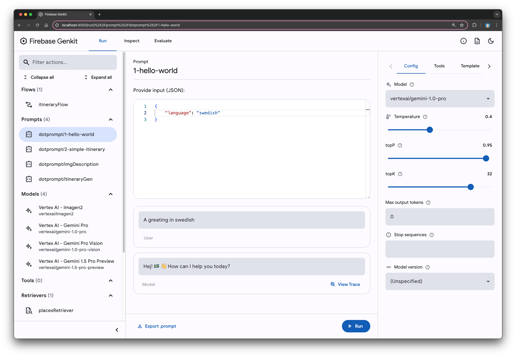 Como usar o Dotprompt para gerar uma saudação em sueco