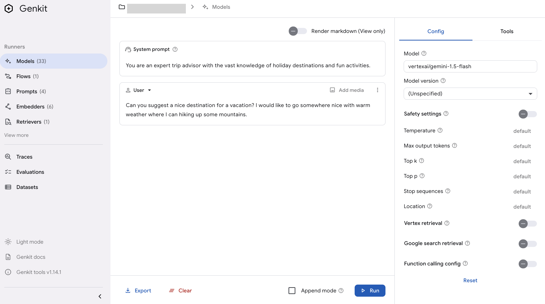 Interacting with the Gemini model in the Genkit Developer UI
