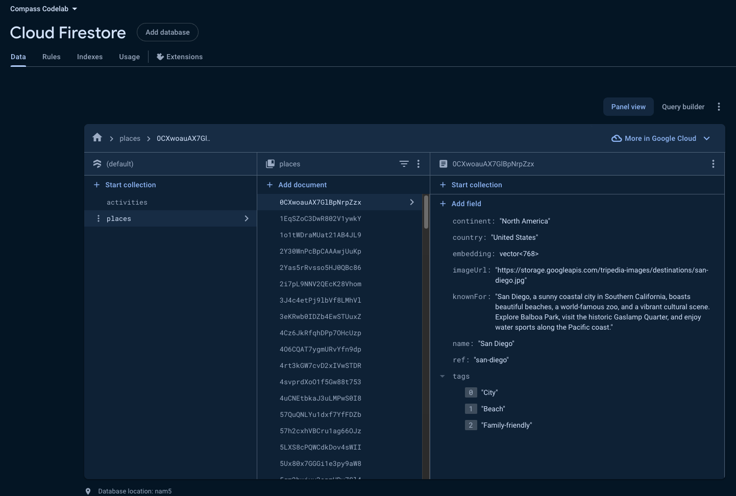 Compass sample data in Firebase Console