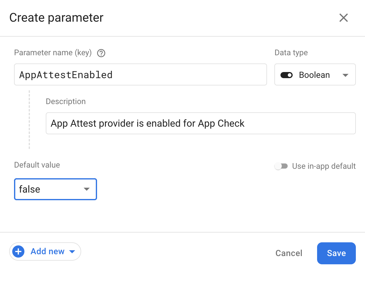 إنشاء معلمة التكوين عن بعد في وحدة تحكم Firebase