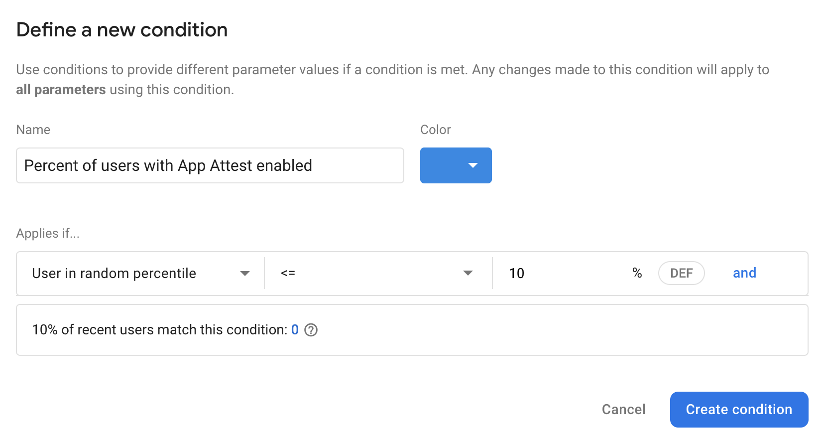 Defining a Remote Config condition in the Firebase console 