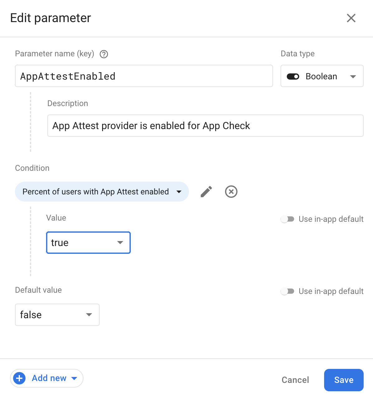 Reviewing Remote Config parameter in the Firebase console
