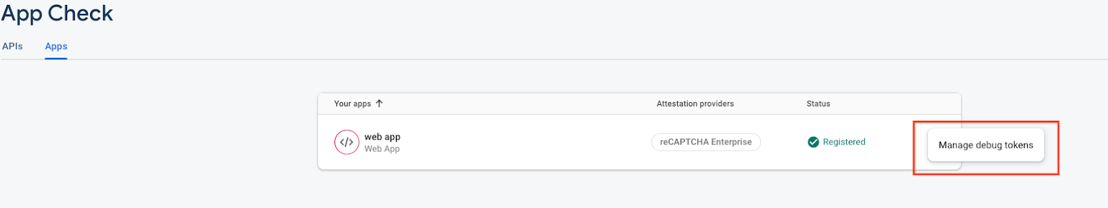แดชบอร์ด App Check ที่ระบุตำแหน่งของ "จัดการโทเค็นการแก้ไขข้อบกพร่อง"