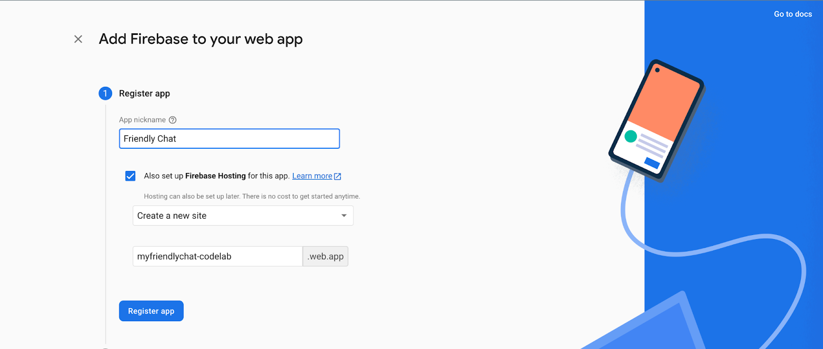 Das Fenster „Firebase zu Ihrer Web-App hinzufügen“ wird angezeigt