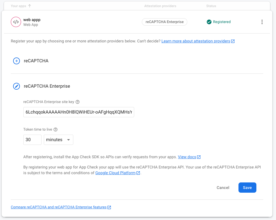 نافذة التطبيقات "التحقق من التطبيقات" حيث تقوم بتسجيل الرمز المميز لمؤسسة reCAPTCHA