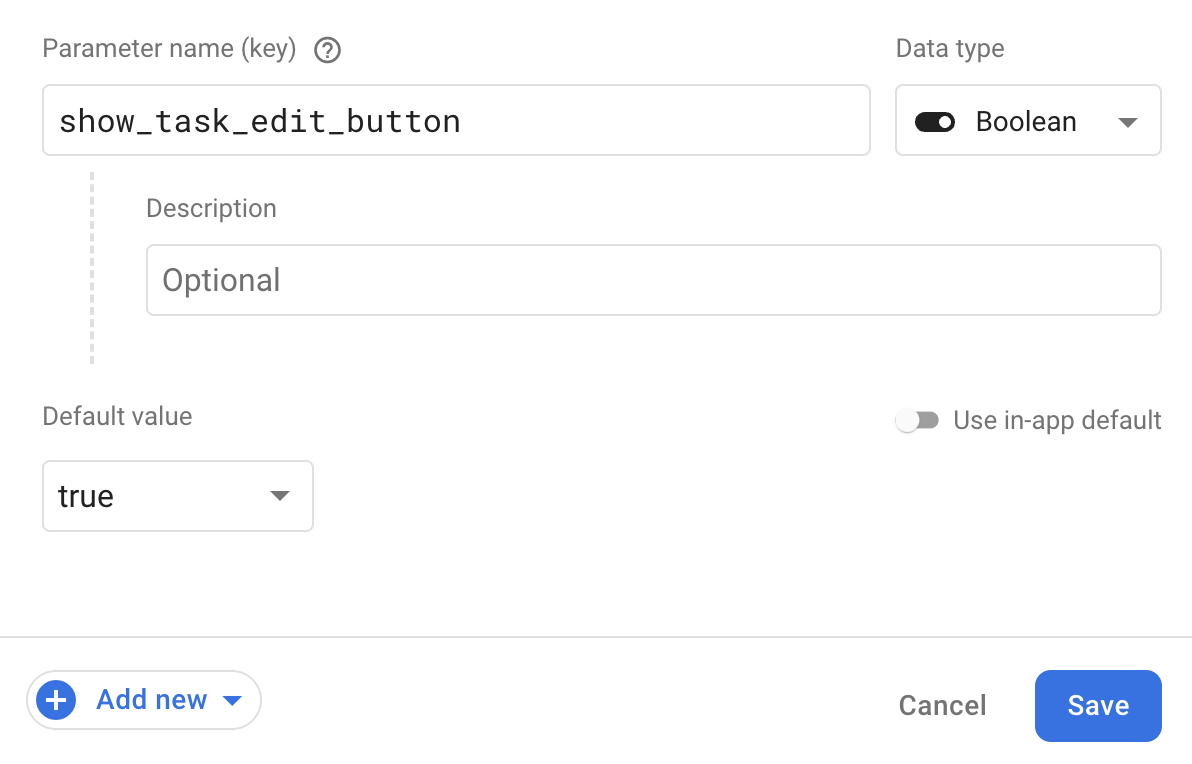 Diálogo “Crea un parámetro” de Remote Config