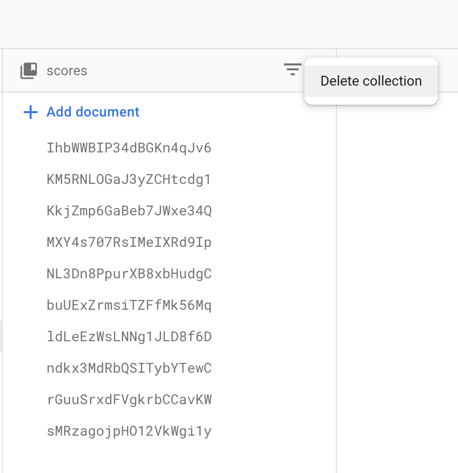 Firestore scores document page with\nDelete Collection activated