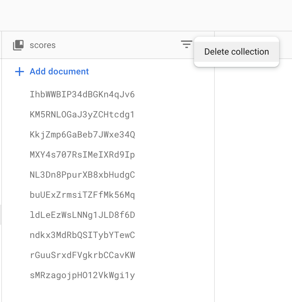 Deleting Firestore scores from the\ncollection Firestore scores document page with\nDelete Collection activated