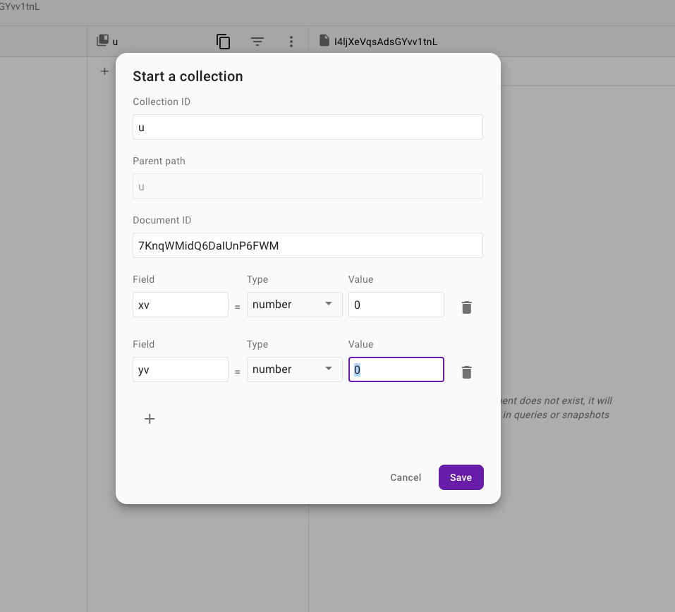 Firebase Emulators-Bildschirm zum Hinzufügen eines Firestore-Datensatzes