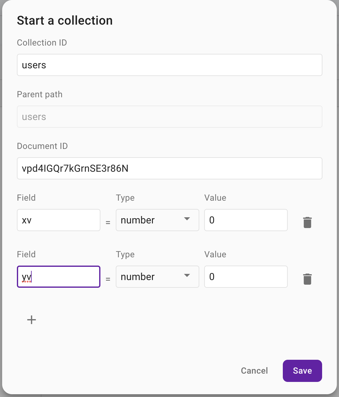 กล่องโต้ตอบที่แสดงใน Firebase Emulators เพื่อเริ่มคอลเลกชันด้วยรหัสคอลเลกชันที่มีวลีนั้น