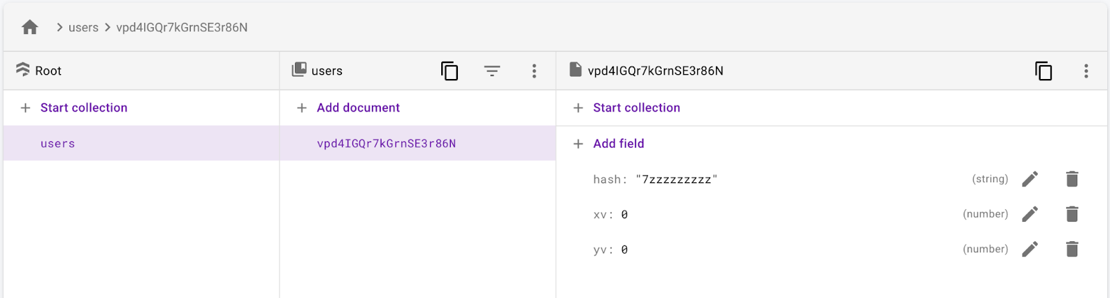 The users collection with a user document having an xv, yv, and hash field.