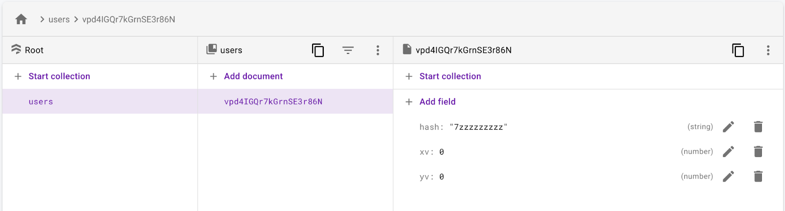 La colección usuarios con un documento de usuario que tiene un campo xv, yv y hash.