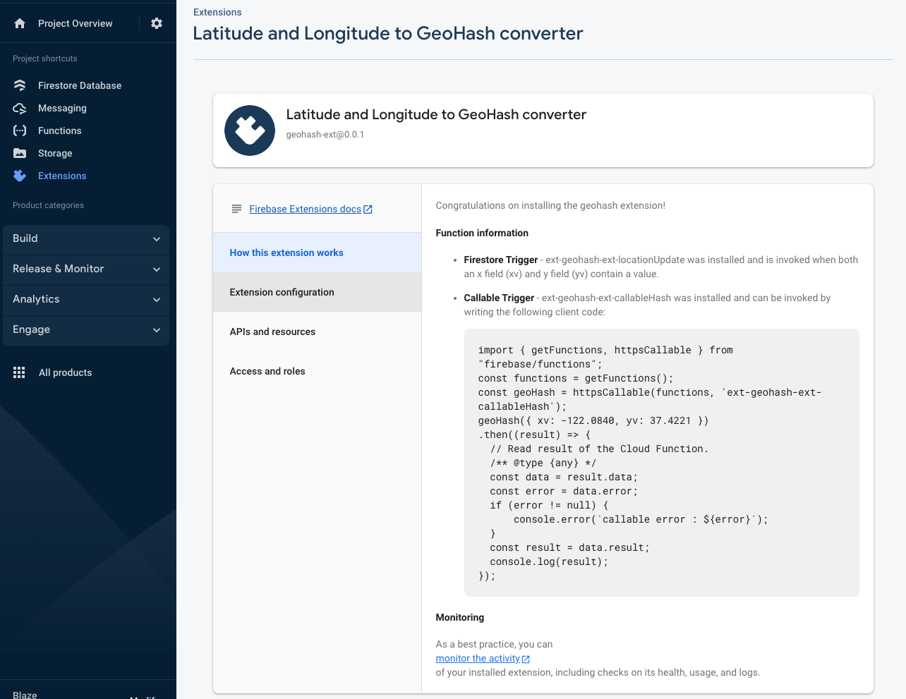 The geohash extension showing in the Firebase console