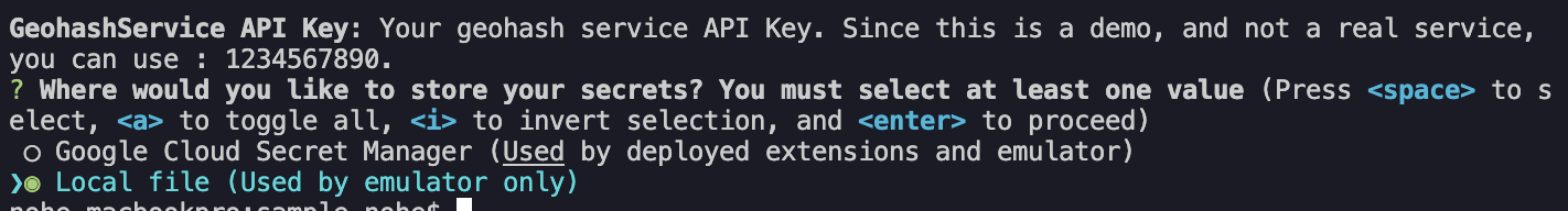 Screenshot of extension installation process showing that Local file is being used for secrets when installing this extension