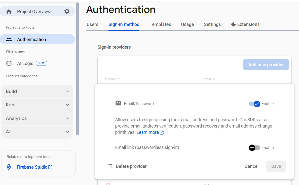 Firebase コンソールでメール認証を有効にする