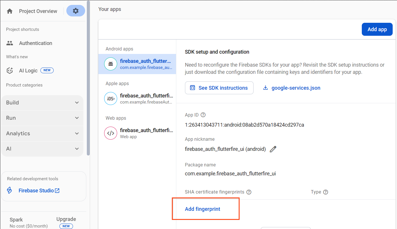 Добавление отпечатка пальца в приложение Android в Firebase Console