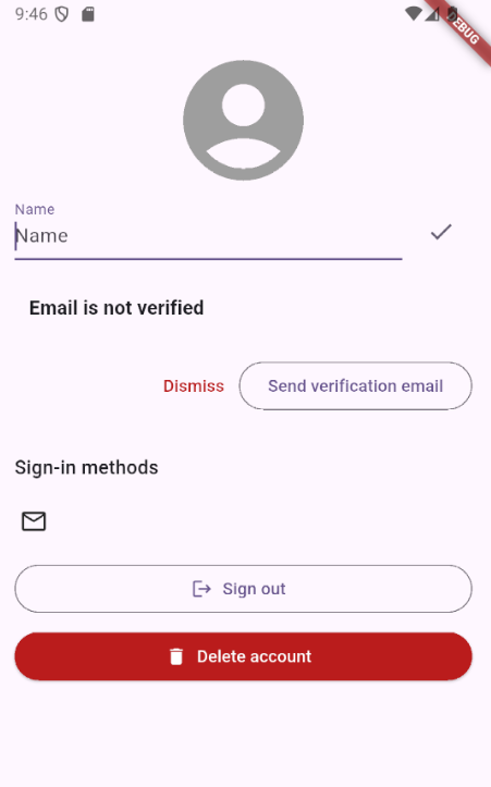 Schermata del profilo con l'autenticazione email implementata