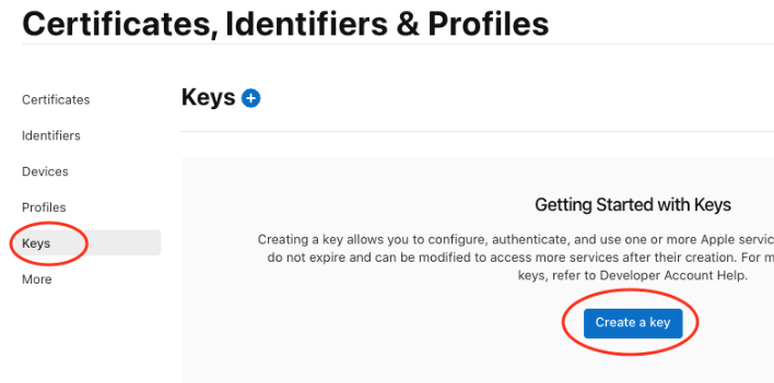 Une capture d'écran recadrée de la page du développeur Apple mettant en évidence les composants de la page pour la création de clés