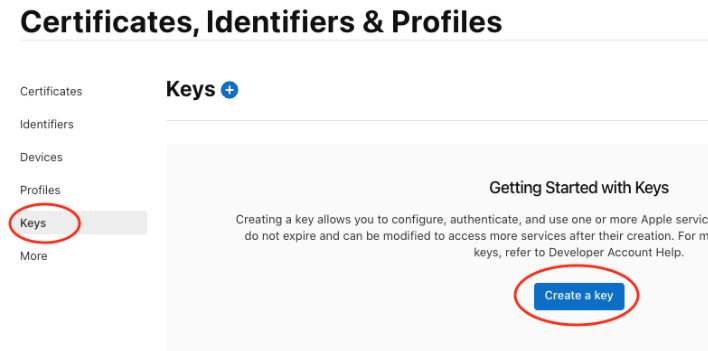 Uma captura de tela recortada da página do desenvolvedor da Apple destacando os componentes da página para criação de chaves