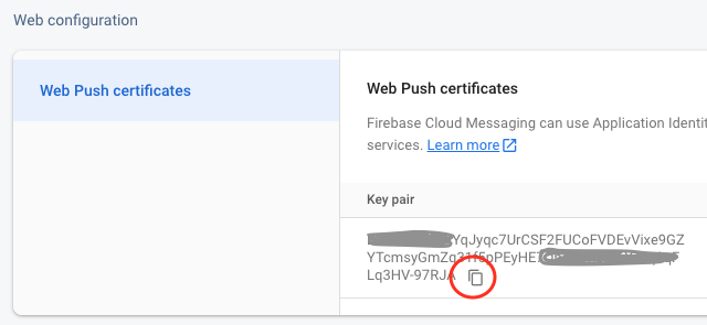 צילום מסך חתוך של הרכיב Web Push Certificates (אישורי Web Push) בדף Web configuration (הגדרות אינטרנט) שבו מסומן צמד המפתחות