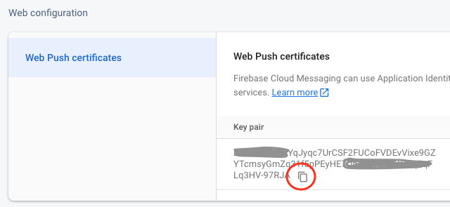 Une capture d'écran recadrée du composant Web Push Certificates de la page de configuration Web qui met en évidence la paire de clés