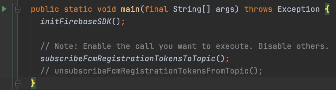 Android Studio 中 FcmSubscriptionManager.java 主函數旁邊顯示的「執行」圖示的裁切螢幕截圖