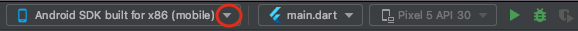 An Android Studio toolbar with the build target menu drop down arrow highlighted.