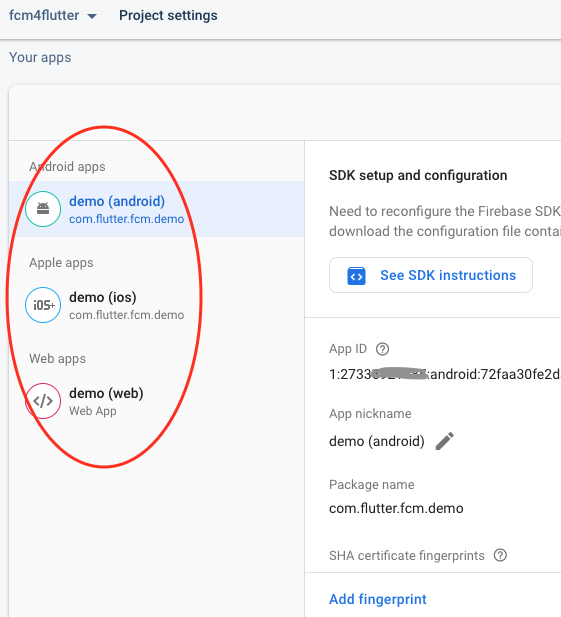 Ein zugeschnittener Screenshot der Firebase Console, der die erstellten Apps für die ausgewählten Plattformen zeigt