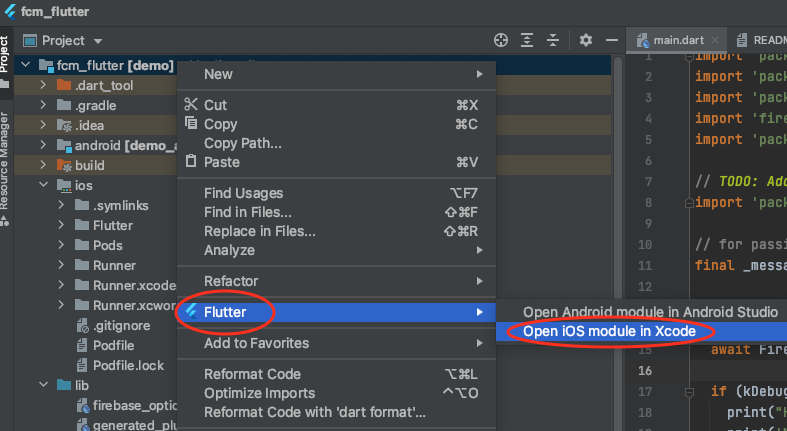 A cropped screenshot of "Open iOS module in Xcode" menu item in Android Studio