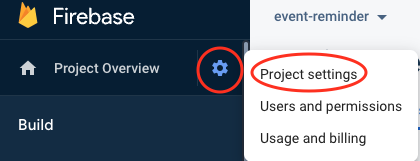 A cropped screenshot of Firebase Console page highlighting the components for update project settings