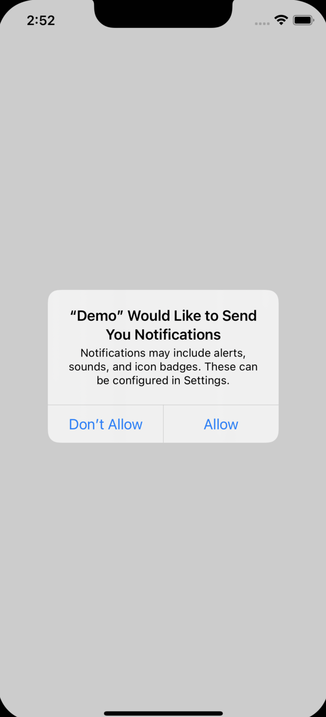Uno screenshot ritagliato di un'app iOS che richiede l'autorizzazione per inviare notifiche