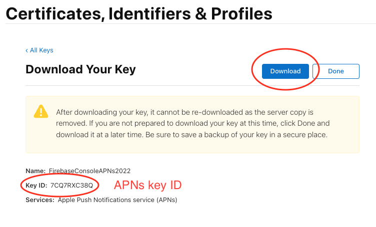 Apple 开发者页面的裁剪屏幕截图，突出显示了下载密钥的按钮