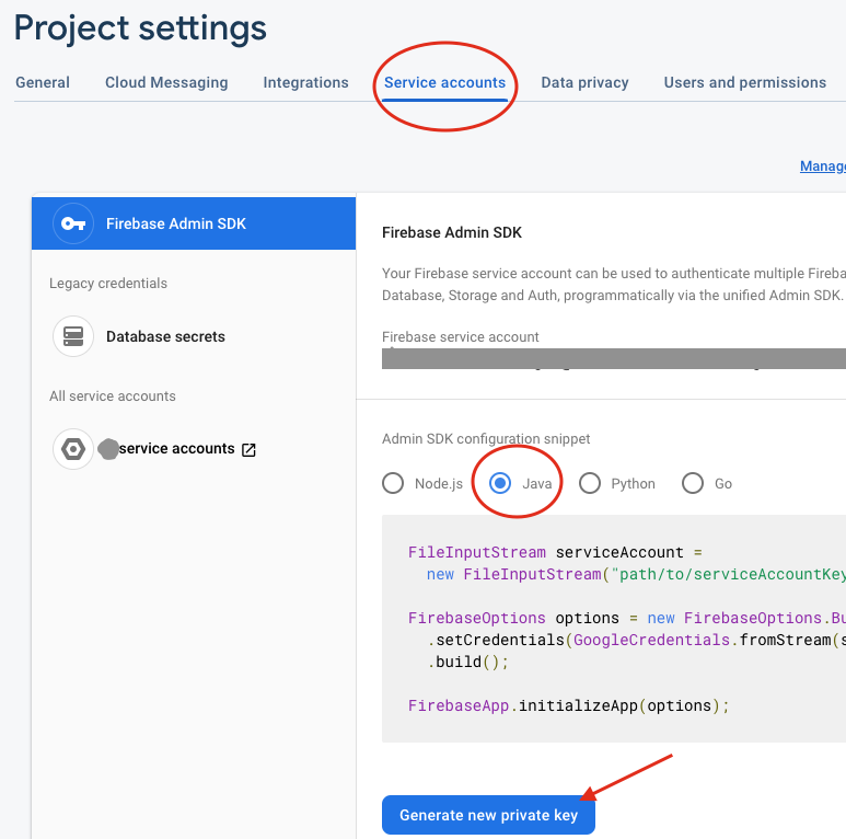 لقطة شاشة تم اقتصاصها تسلط الضوء على مقتطف تكوين Admin SDK لمكون حسابات الخدمة في صفحة إعدادات المشروع