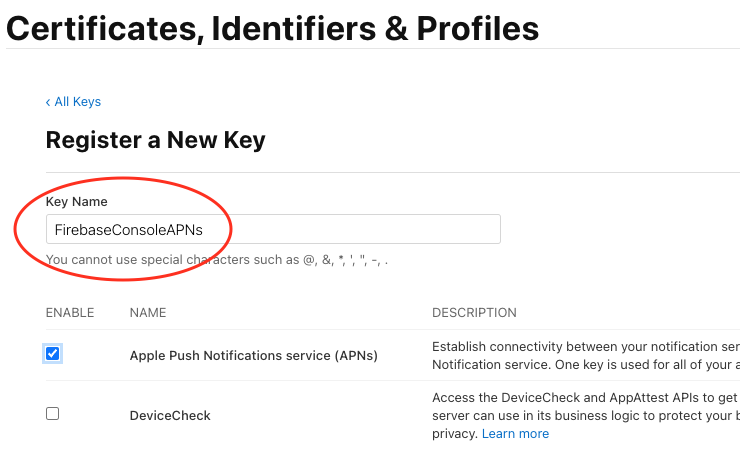 Screenshot yang dipangkas dari halaman Apple Developer yang menandai kotak teks untuk nama kunci baru